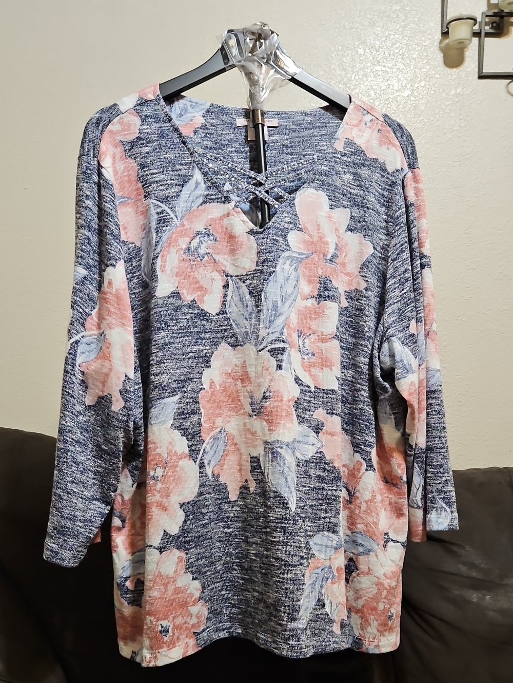 Allison Daley Blue Floral Crisscross V-Neck Long Sleeve Top